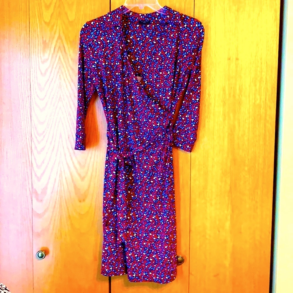 Talbots hearts S petite red white blue collared belted stretch wrap dress EUC